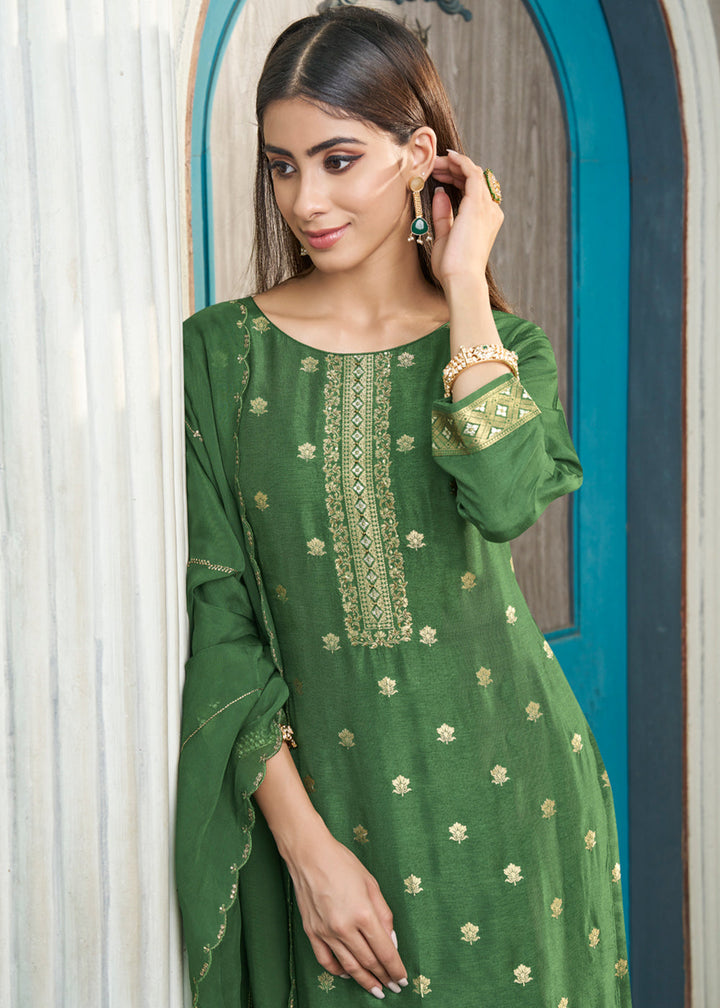 Shamrock Green Suit in Dola Silk Featuring Jacquard Pattern Weaving