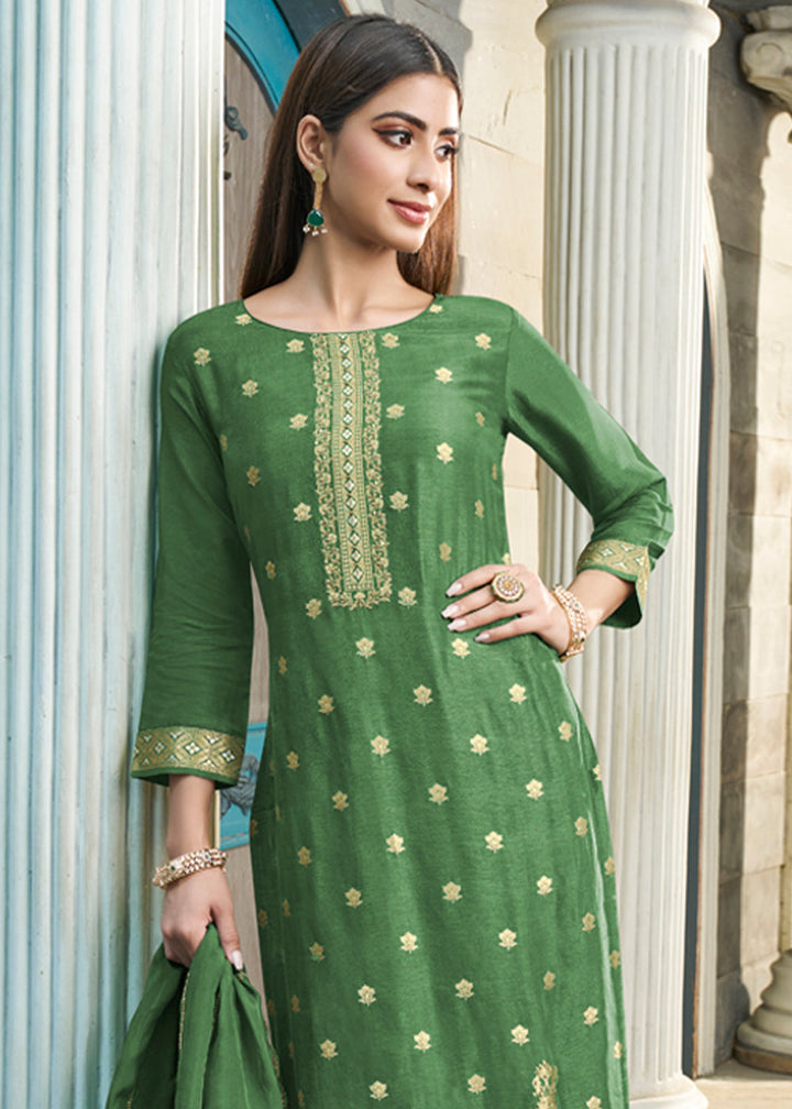 Shamrock Green Suit in Dola Silk Featuring Jacquard Pattern Weaving