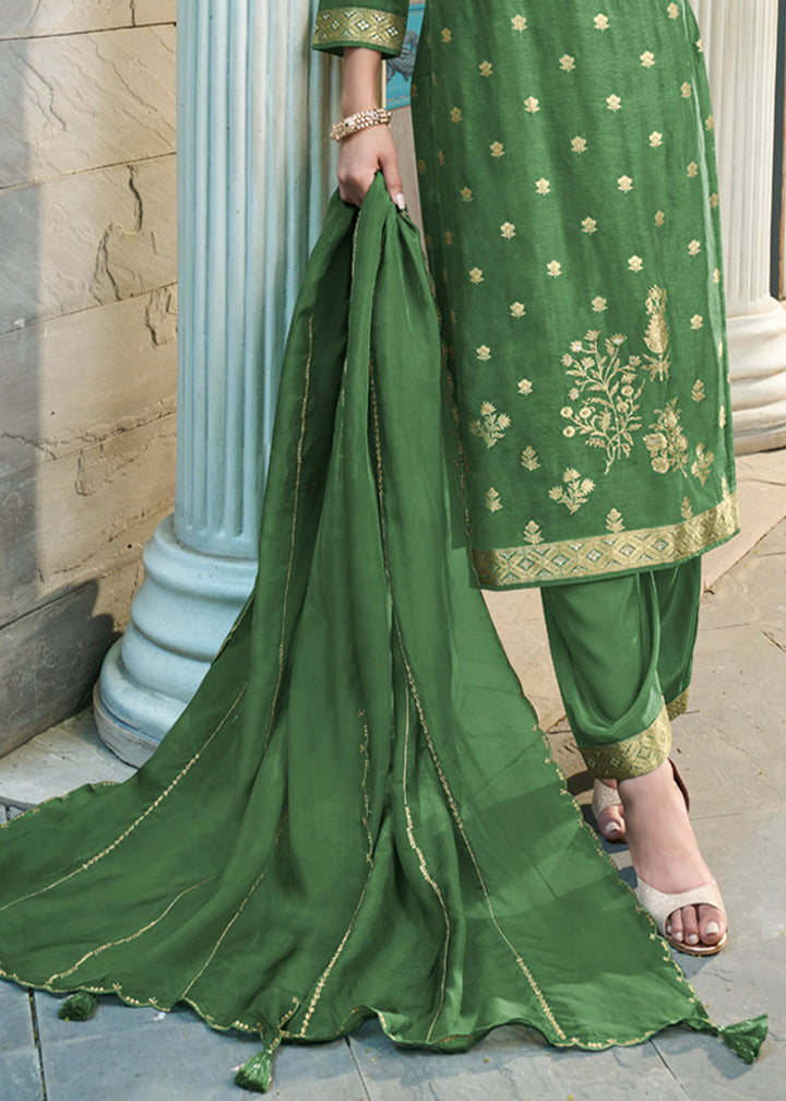 Shamrock Green Suit in Dola Silk Featuring Jacquard Pattern Weaving