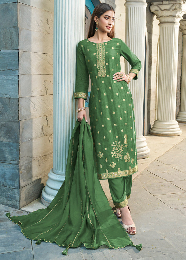 Shamrock Green Suit in Dola Silk Featuring Jacquard Pattern Weaving