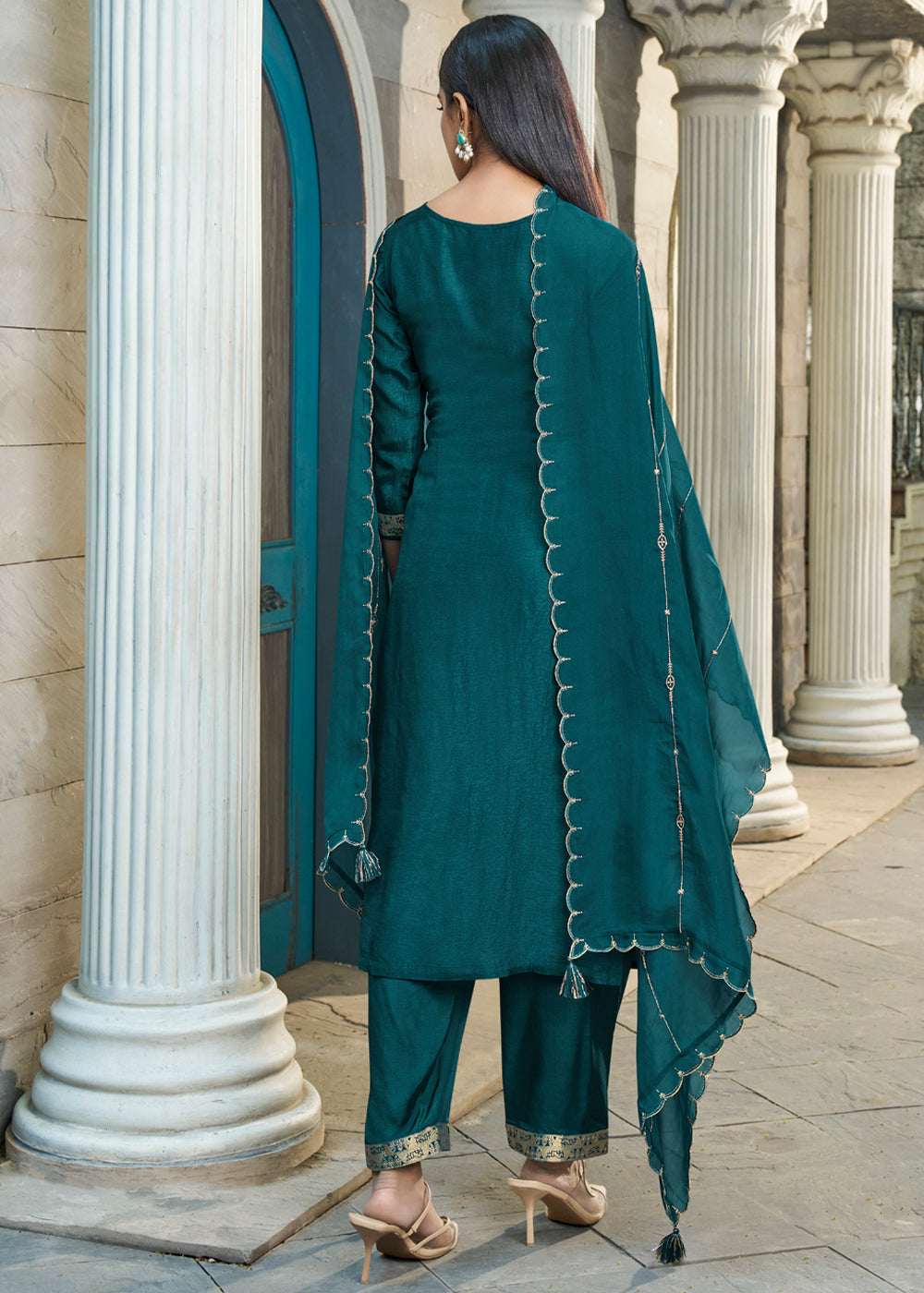 Prussian Blue Suit in Dola Silk Featuring Jacquard Pattern Weaving