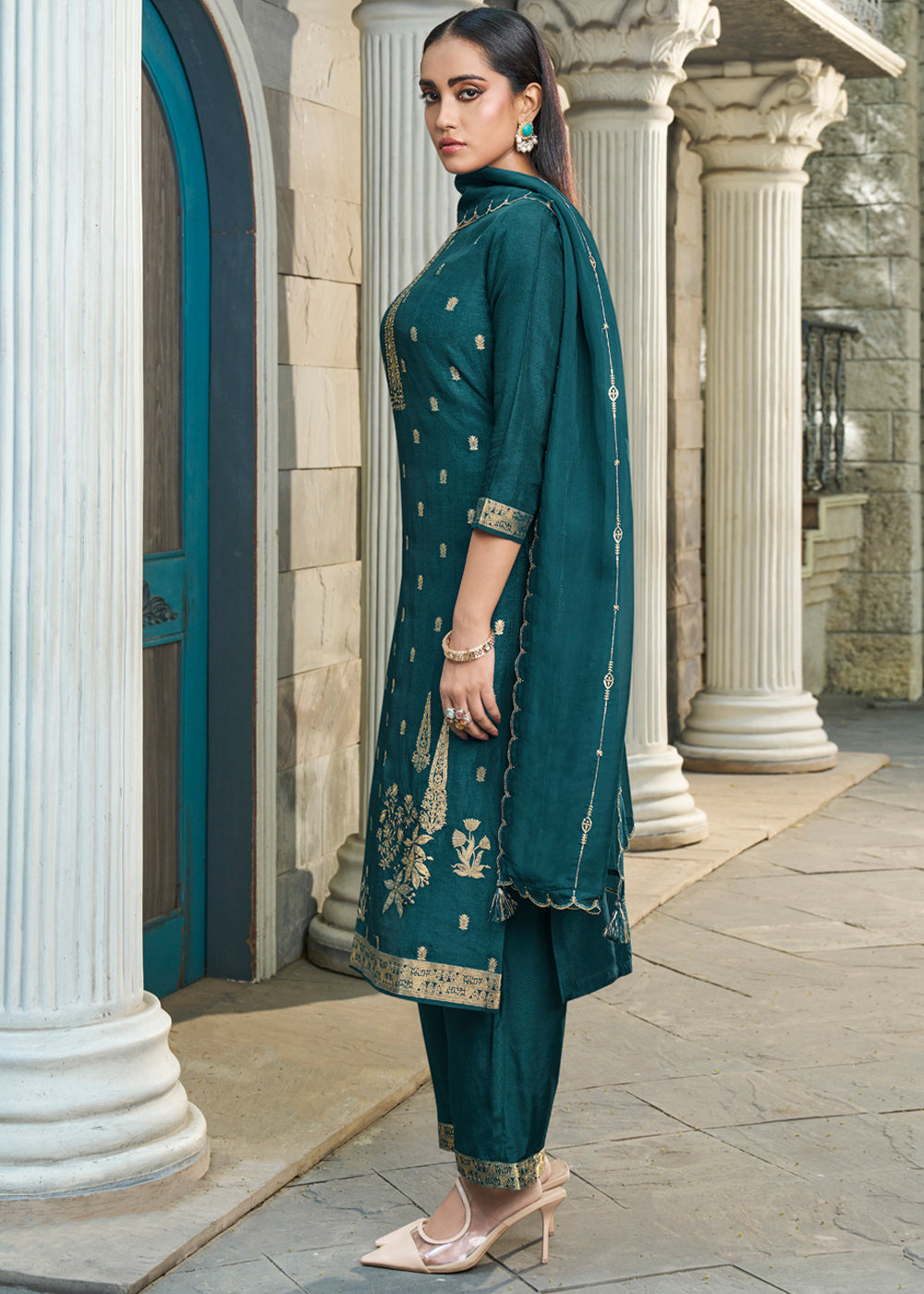 Prussian Blue Suit in Dola Silk Featuring Jacquard Pattern Weaving