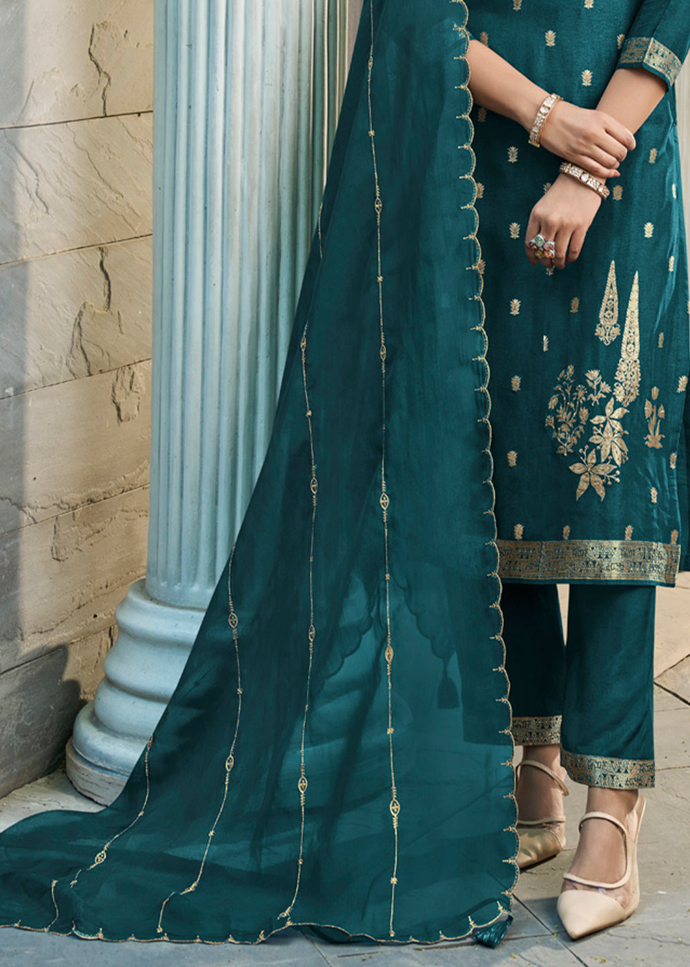 Prussian Blue Suit in Dola Silk Featuring Jacquard Pattern Weaving