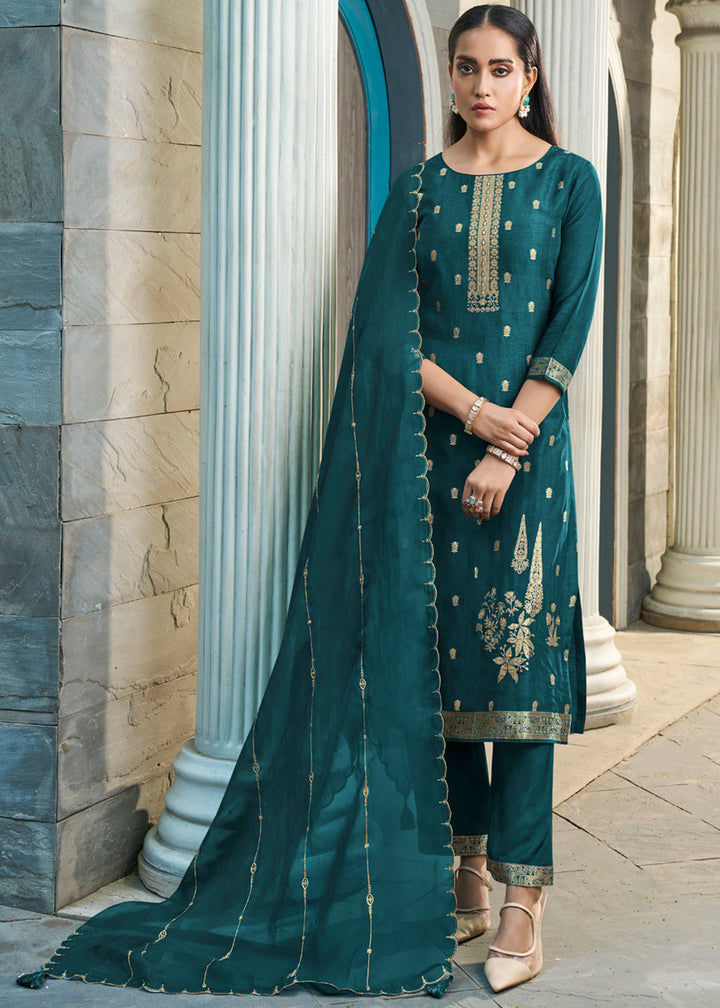 Prussian Blue Suit in Dola Silk Featuring Jacquard Pattern Weaving