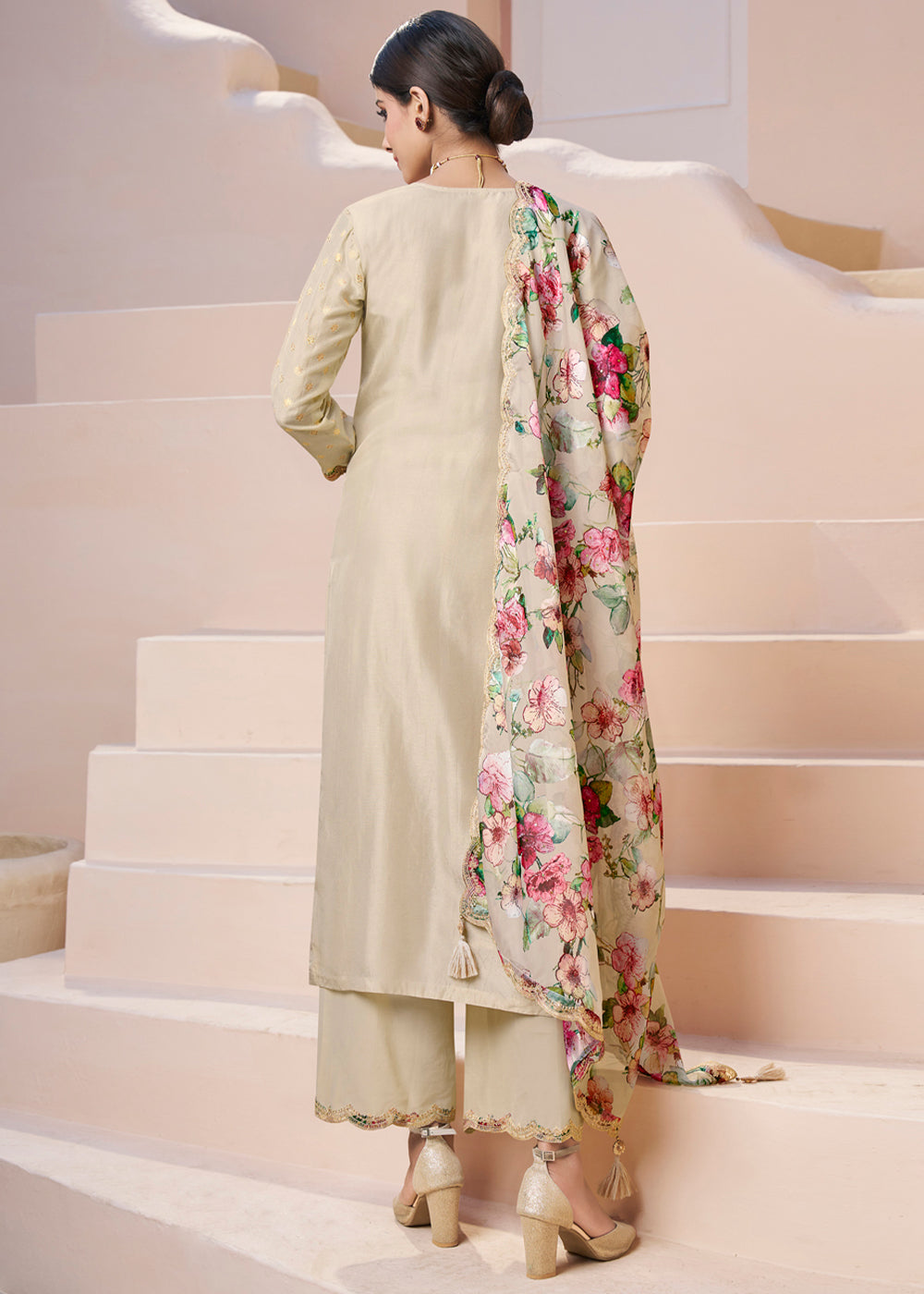 Cream White Dola Silk Suit Adorned with Applique Patch and Sequin Work