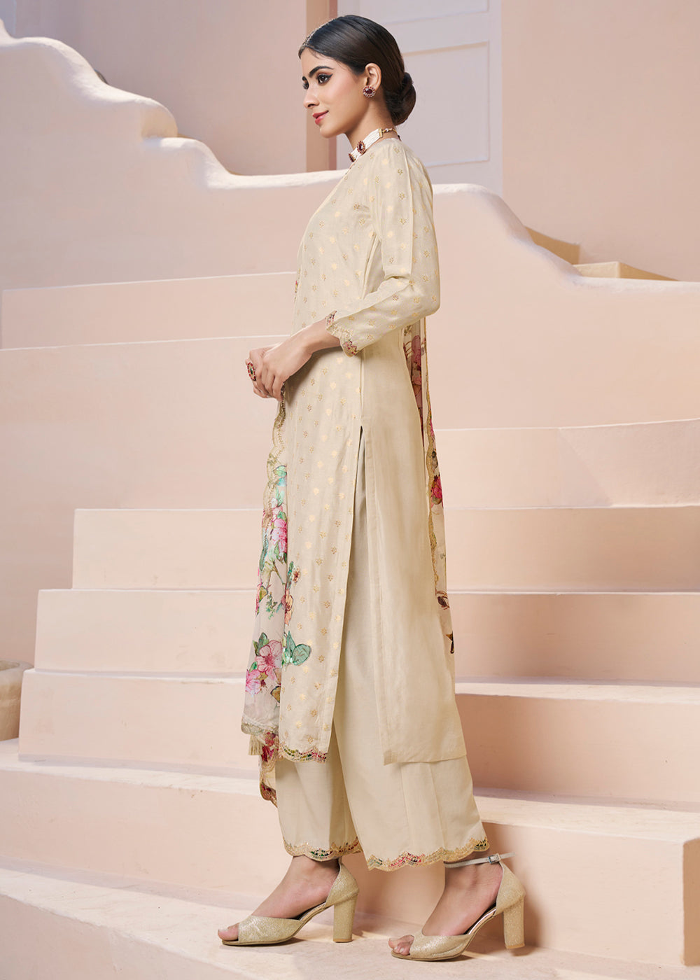 Cream White Dola Silk Suit Adorned with Applique Patch and Sequin Work