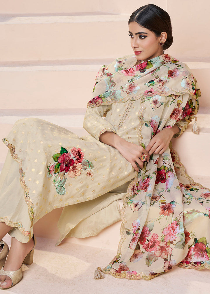 Cream White Dola Silk Suit Adorned with Applique Patch and Sequin Work