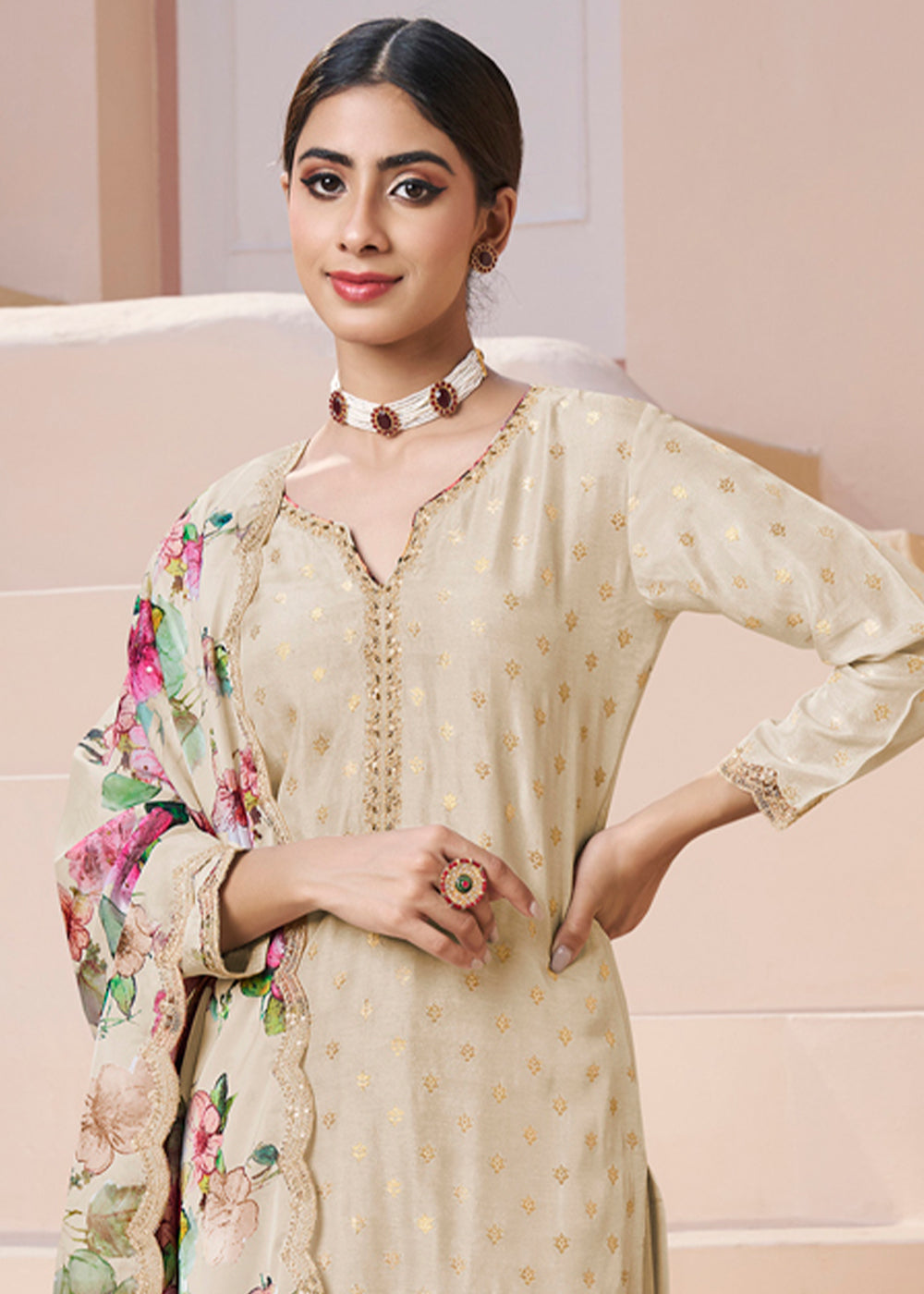 Cream White Dola Silk Suit Adorned with Applique Patch and Sequin Work