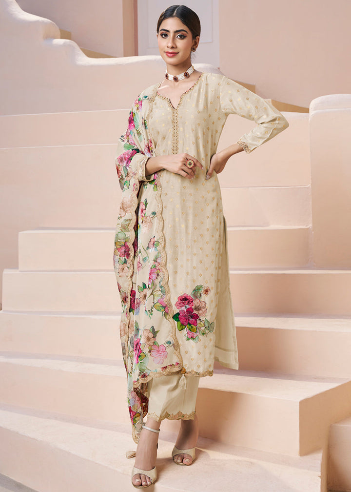 Cream White Dola Silk Suit Adorned with Applique Patch and Sequin Work