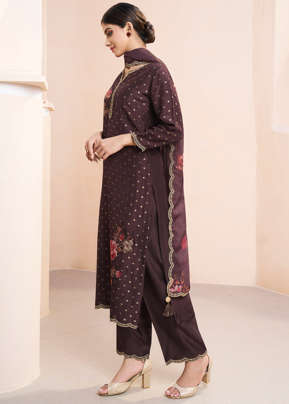 Chocolate Brown Dola Silk Suit Adorned with Applique Patch and Sequin Work