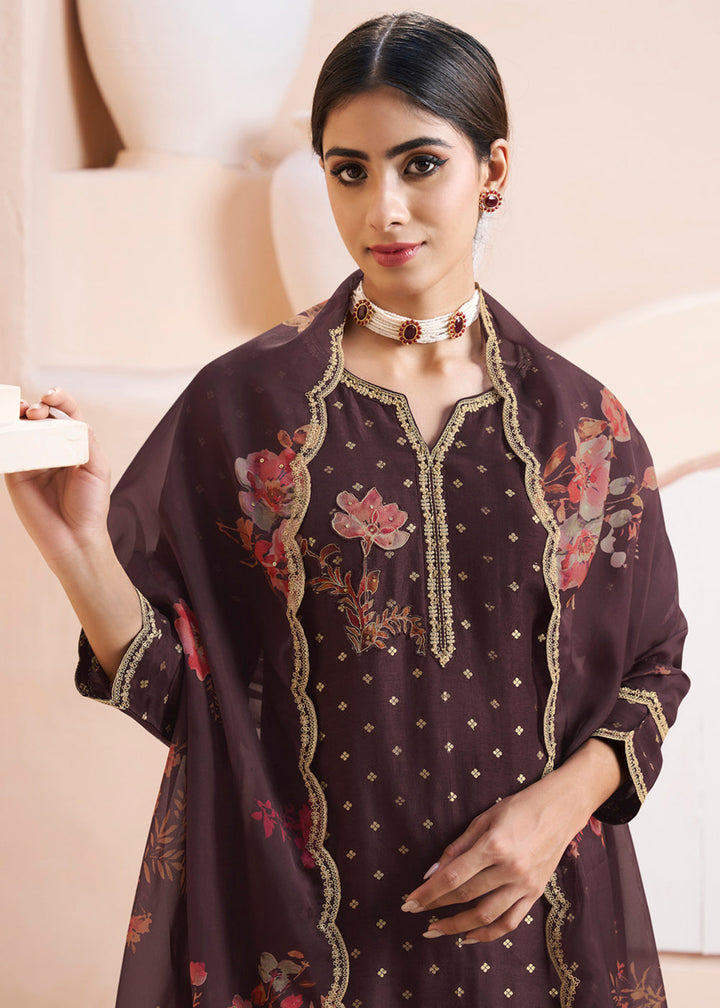 Chocolate Brown Dola Silk Suit Adorned with Applique Patch and Sequin Work