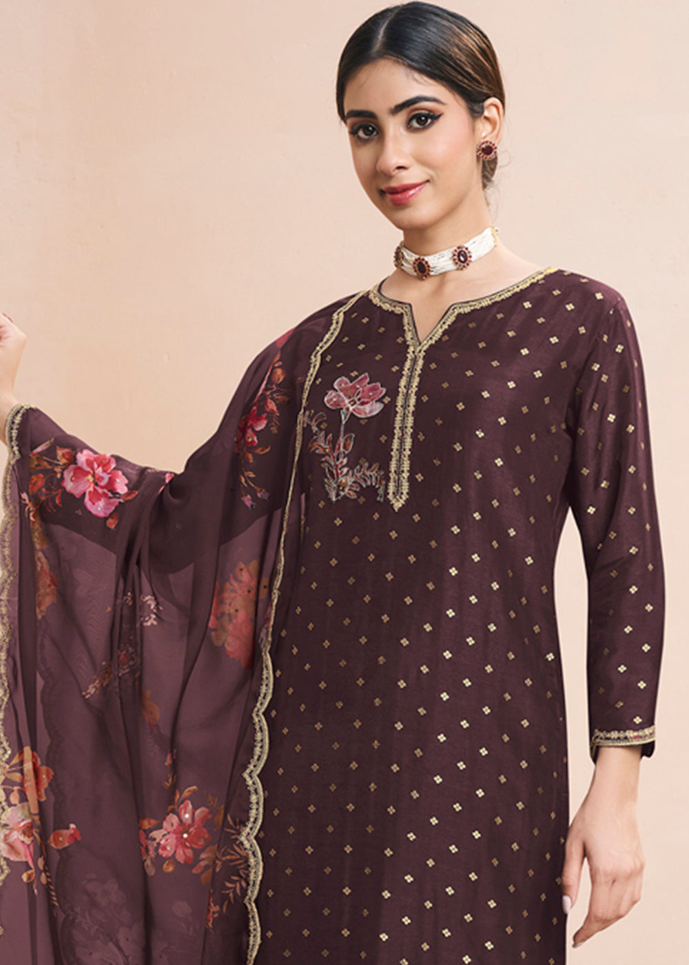 Chocolate Brown Dola Silk Suit Adorned with Applique Patch and Sequin Work