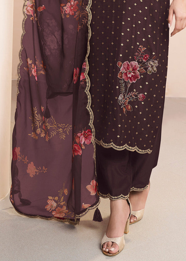 Chocolate Brown Dola Silk Suit Adorned with Applique Patch and Sequin Work