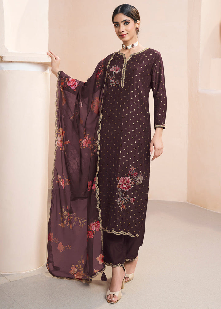 Chocolate Brown Dola Silk Suit Adorned with Applique Patch and Sequin Work