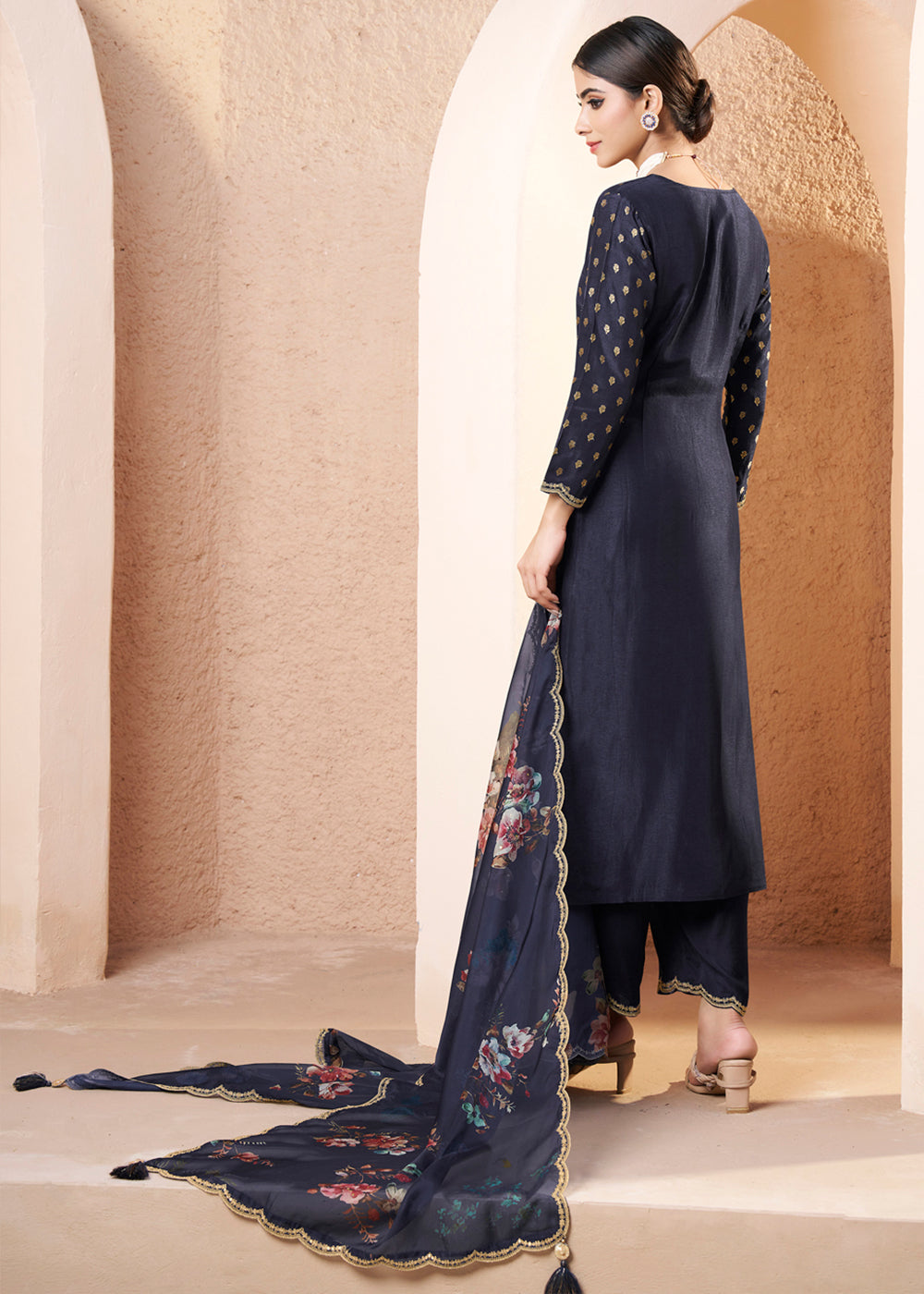 Black Blue Dola Silk Suit Adorned with Applique Patch and Sequin Work