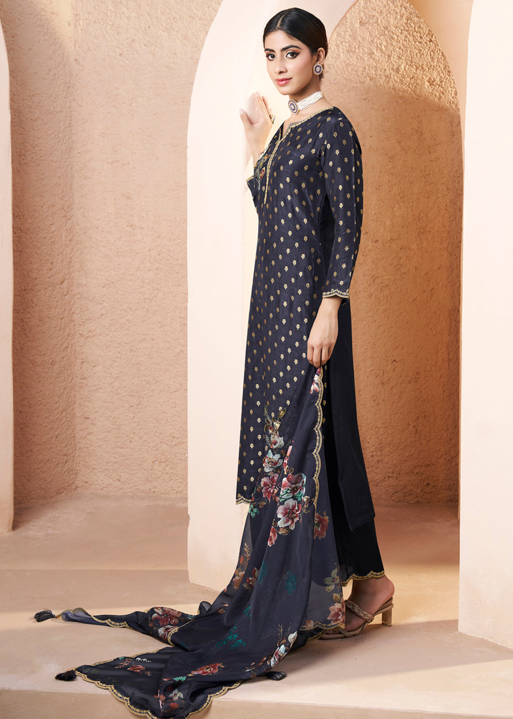 Black Blue Dola Silk Suit Adorned with Applique Patch and Sequin Work