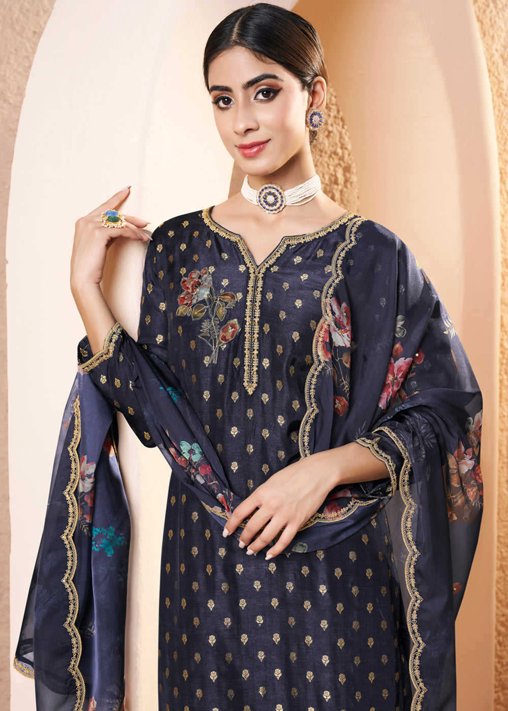 Black Blue Dola Silk Suit Adorned with Applique Patch and Sequin Work