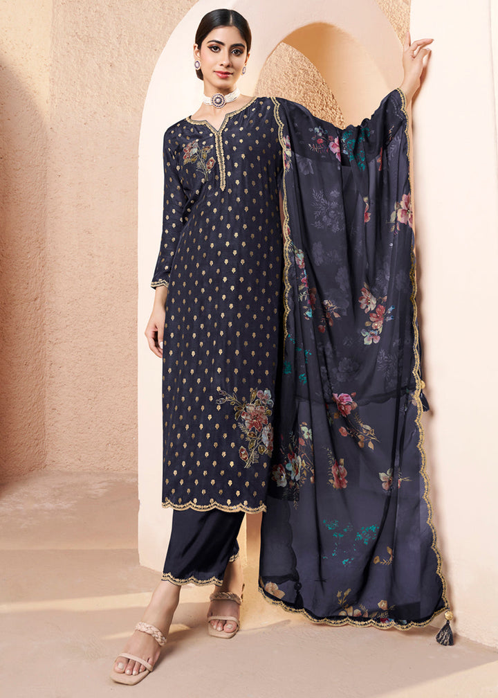 Black Blue Dola Silk Suit Adorned with Applique Patch and Sequin Work