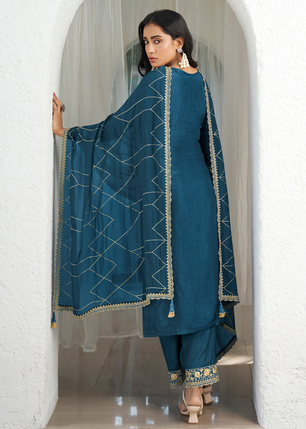 Yale Blue Dola Silk Suit Featuring Designer Yoke & Beaded Handwork