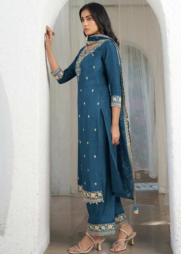 Yale Blue Dola Silk Suit Featuring Designer Yoke & Beaded Handwork