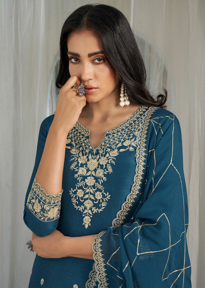 Yale Blue Dola Silk Suit Featuring Designer Yoke & Beaded Handwork