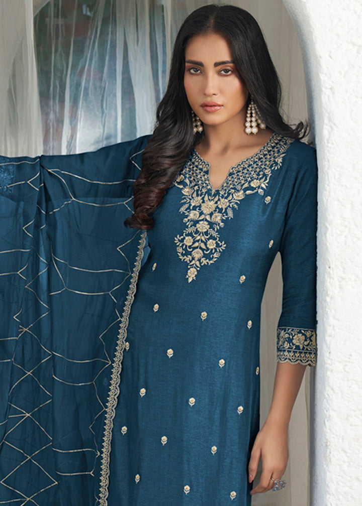 Yale Blue Dola Silk Suit Featuring Designer Yoke & Beaded Handwork