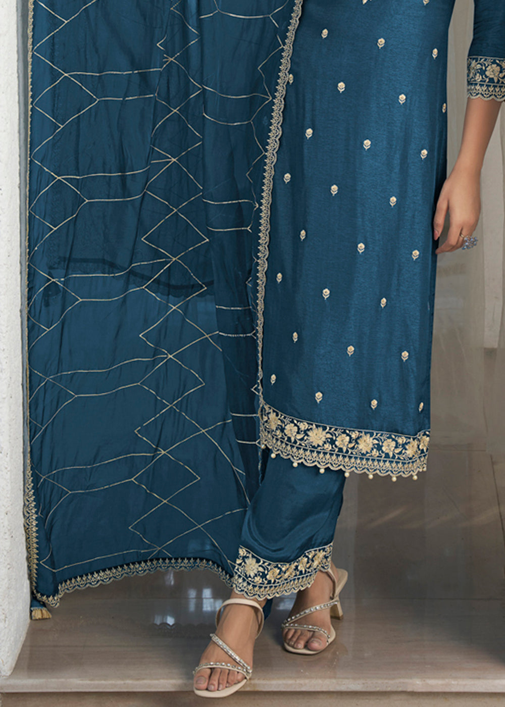 Yale Blue Dola Silk Suit Featuring Designer Yoke & Beaded Handwork