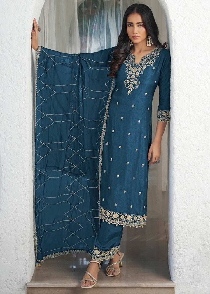 Yale Blue Dola Silk Suit Featuring Designer Yoke & Beaded Handwork