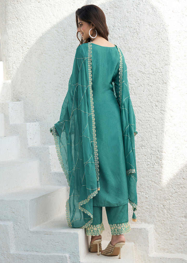 Embrace Green Dola Silk Suit Featuring Designer Yoke & Beaded Handwork