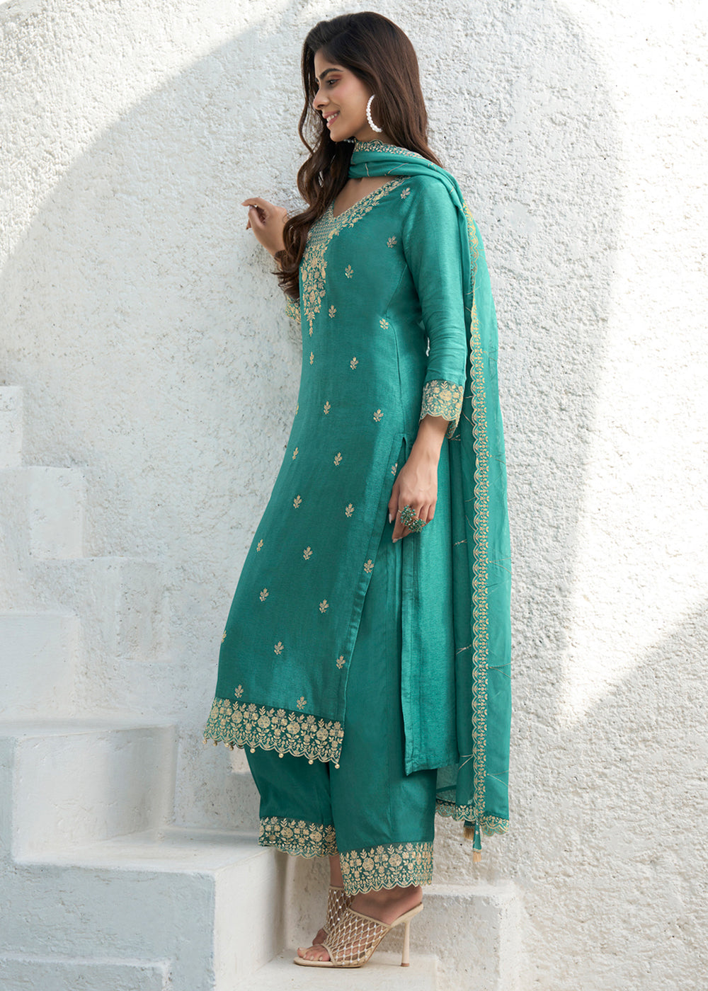 Embrace Green Dola Silk Suit Featuring Designer Yoke & Beaded Handwork