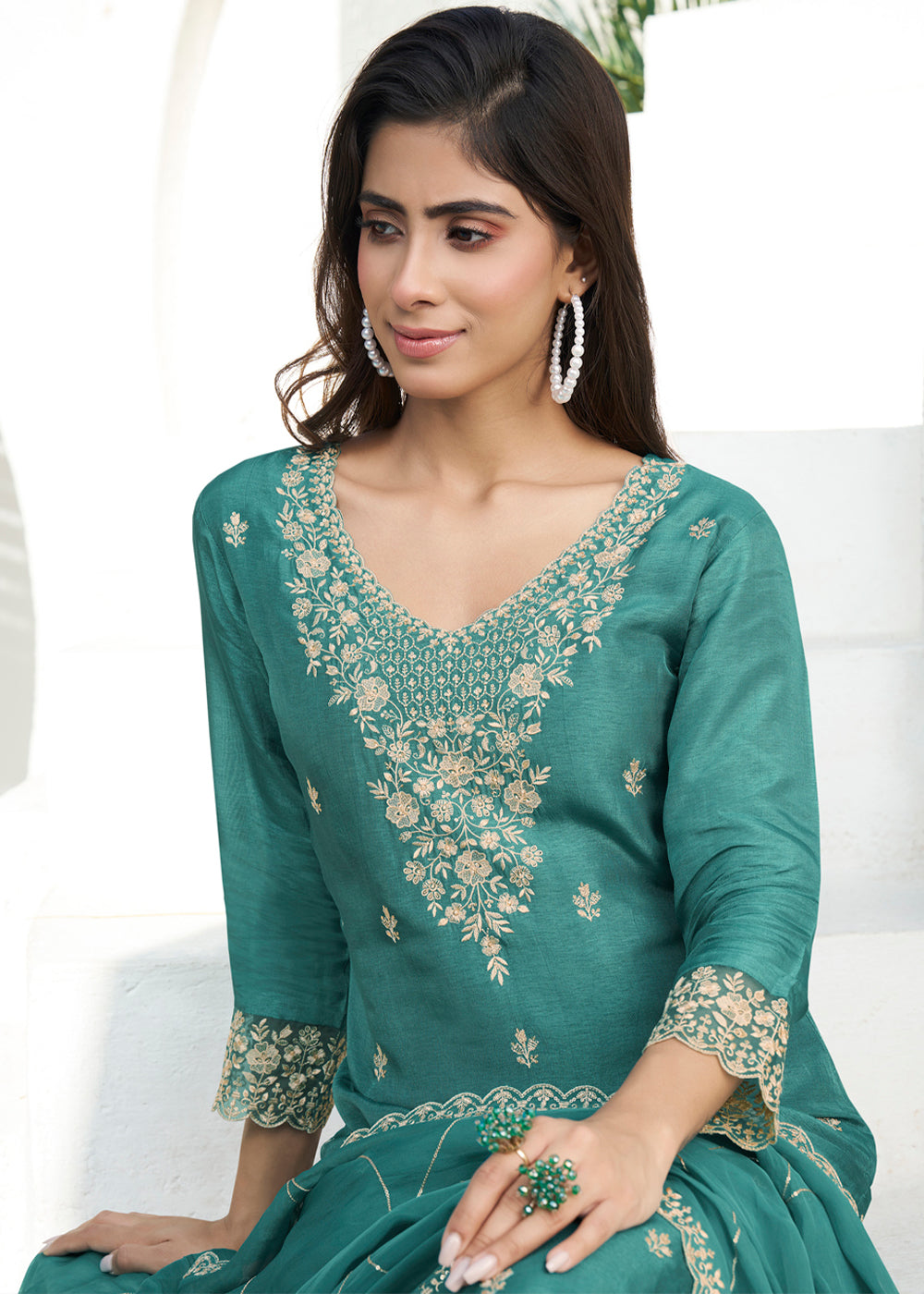 Embrace Green Dola Silk Suit Featuring Designer Yoke & Beaded Handwork