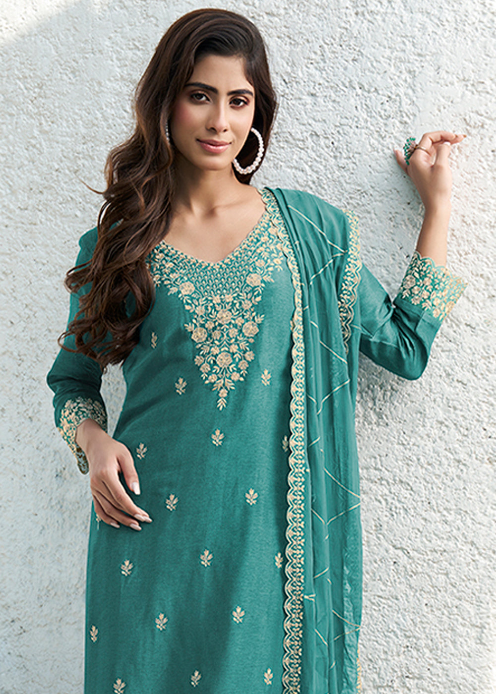 Embrace Green Dola Silk Suit Featuring Designer Yoke & Beaded Handwork