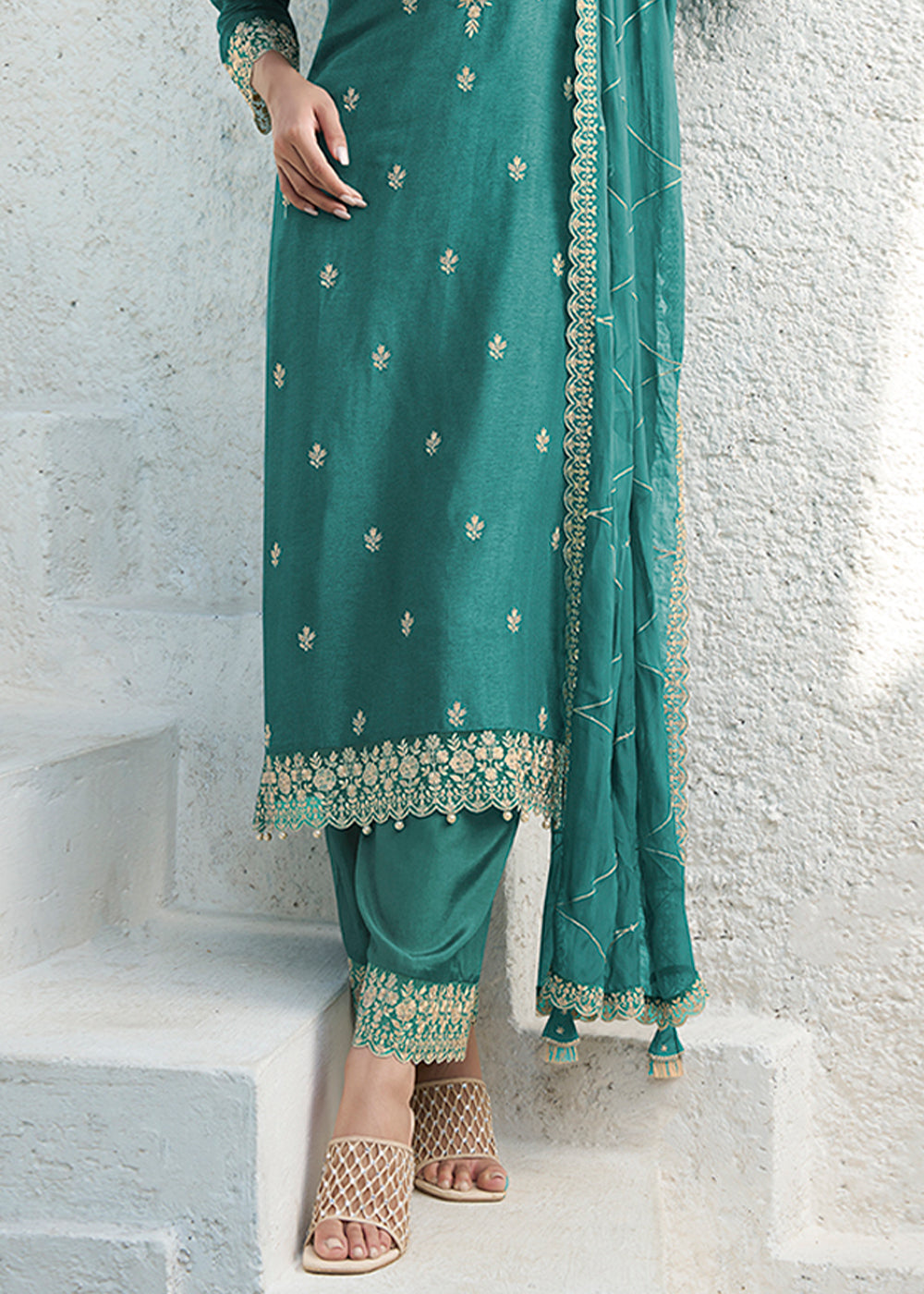 Embrace Green Dola Silk Suit Featuring Designer Yoke & Beaded Handwork