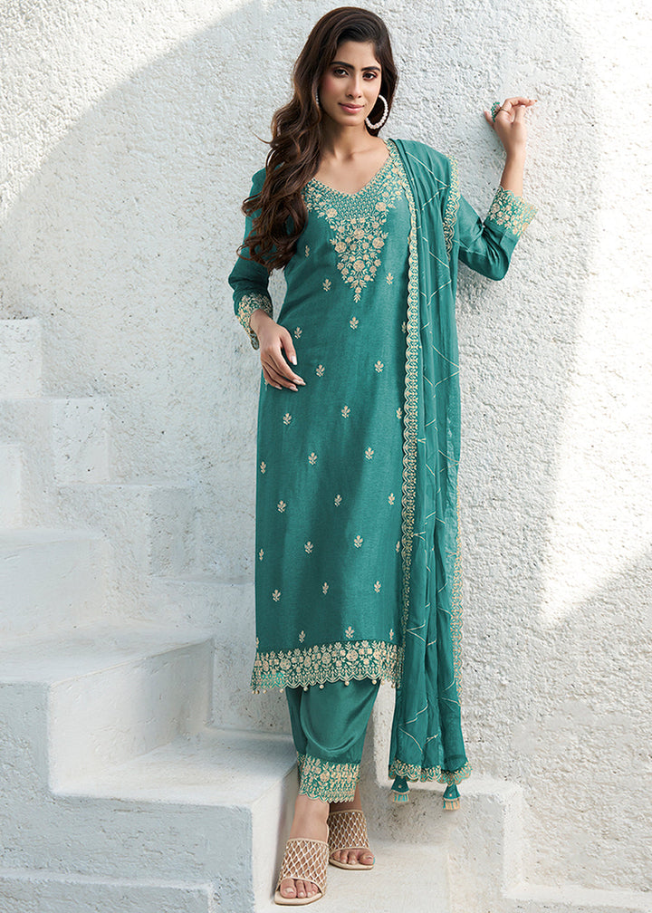 Embrace Green Dola Silk Suit Featuring Designer Yoke & Beaded Handwork