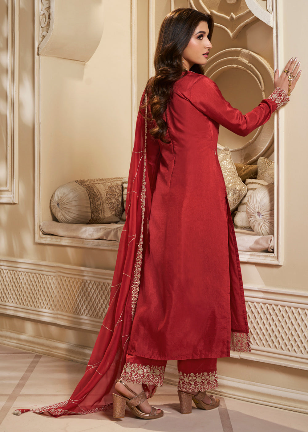 Scarlet Red Dola Silk Suit Featuring Designer Yoke & Beaded Handwork