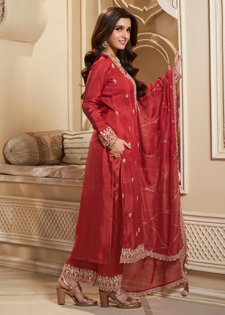 Scarlet Red Dola Silk Suit Featuring Designer Yoke & Beaded Handwork