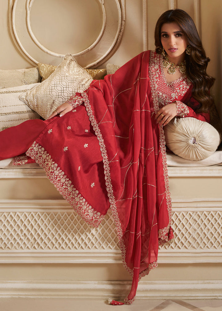 Scarlet Red Dola Silk Suit Featuring Designer Yoke & Beaded Handwork