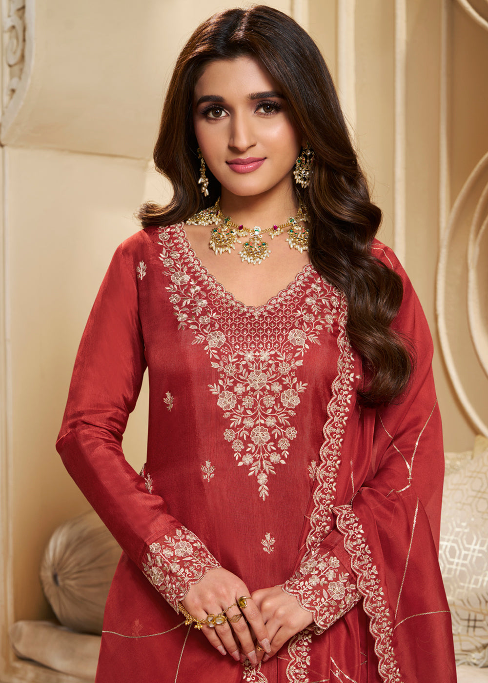 Scarlet Red Dola Silk Suit Featuring Designer Yoke & Beaded Handwork