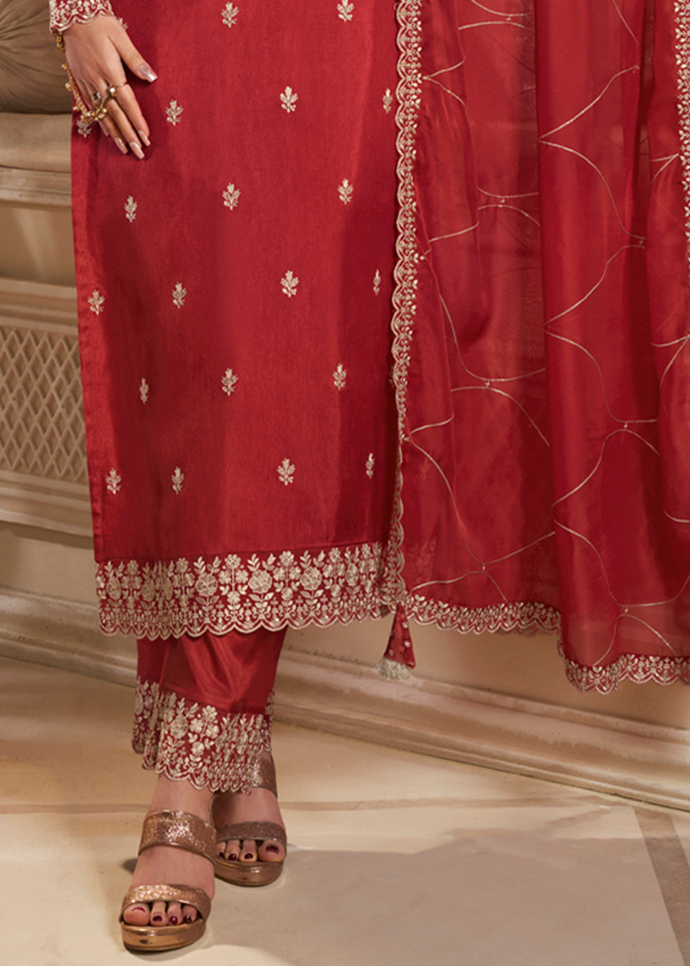 Scarlet Red Dola Silk Suit Featuring Designer Yoke & Beaded Handwork