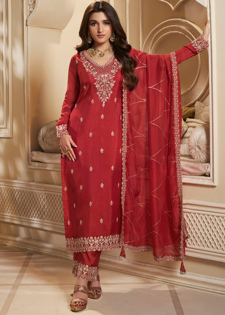 Scarlet Red Dola Silk Suit Featuring Designer Yoke & Beaded Handwork