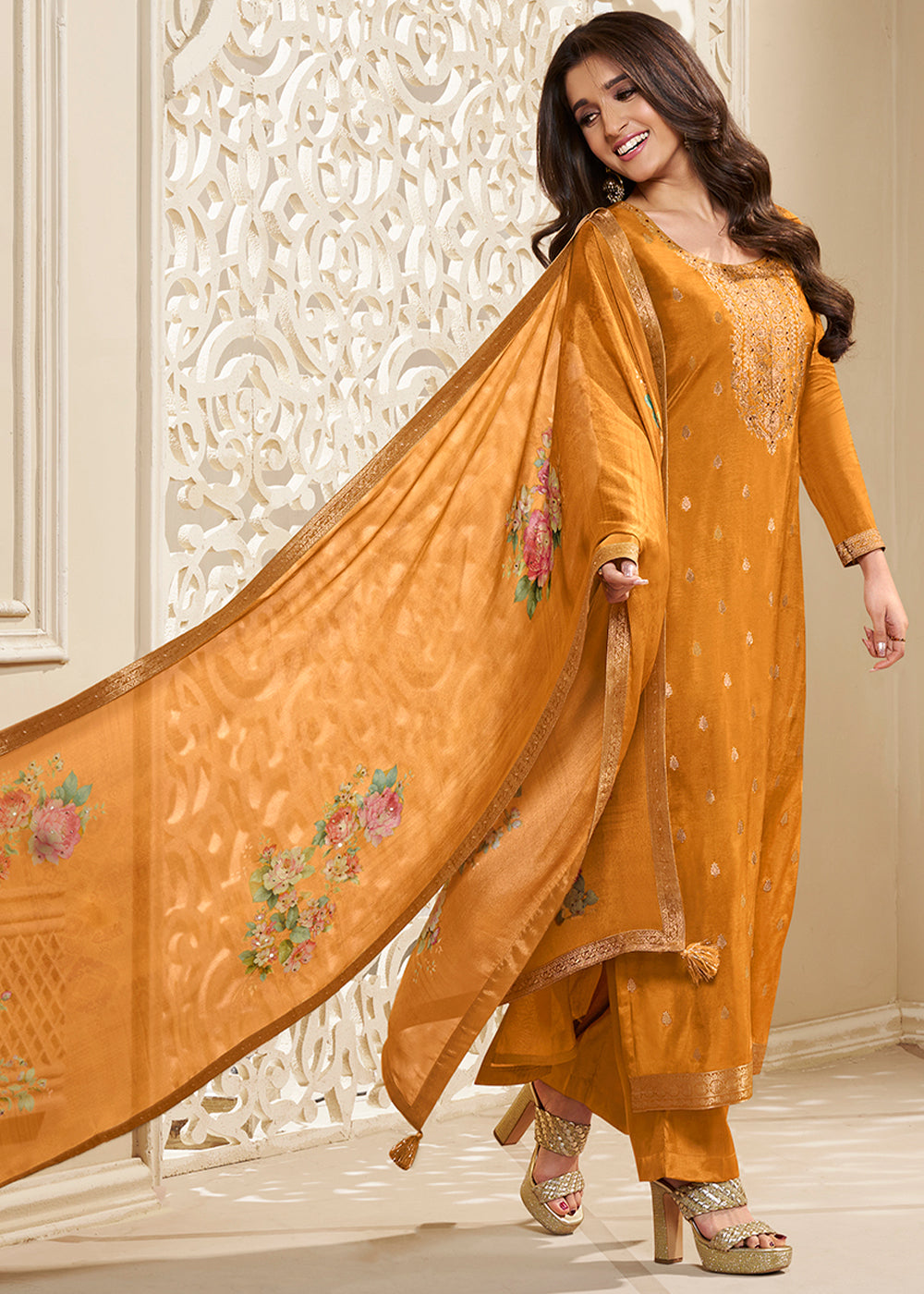 Ochre Yellow Dola Silk Suit Featuring Designer Yoke & Embellished with Zardosi Work