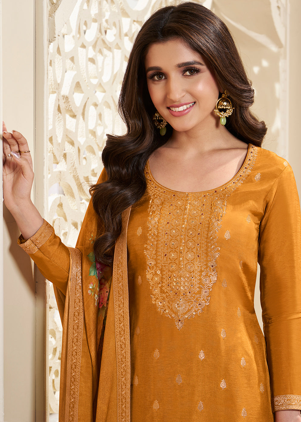 Ochre Yellow Dola Silk Suit Featuring Designer Yoke & Embellished with Zardosi Work