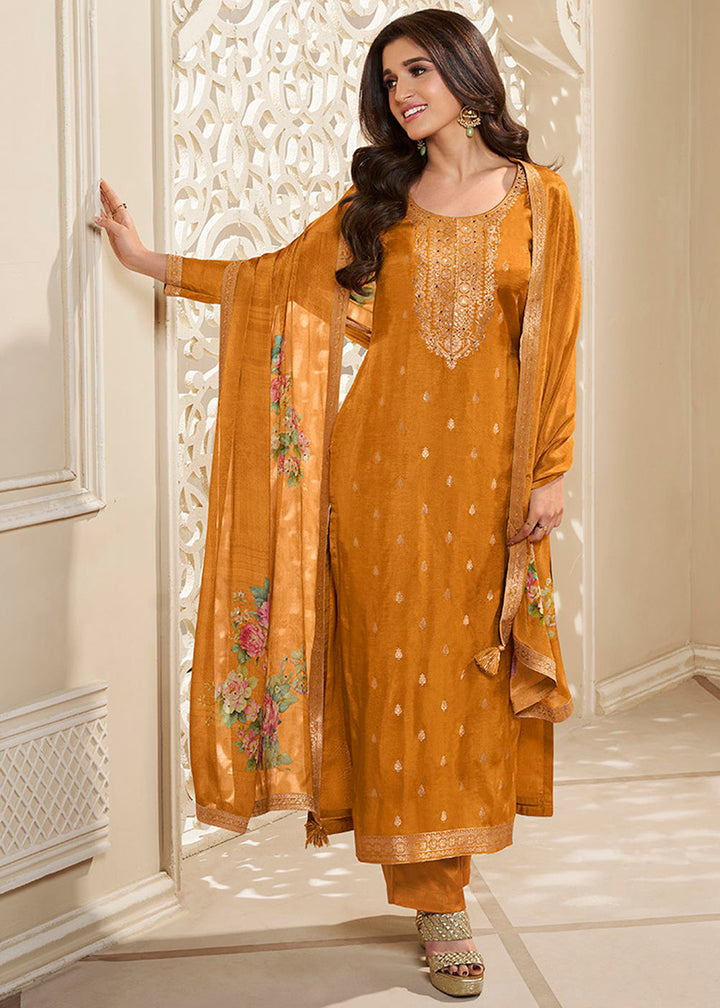 Ochre Yellow Dola Silk Suit Featuring Designer Yoke & Embellished with Zardosi Work