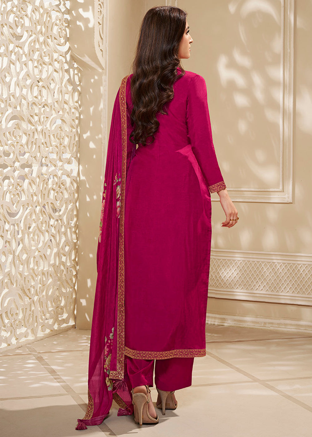 Magenta Purple Dola Silk Suit Featuring Designer Yoke & Embellished with Zardosi Work