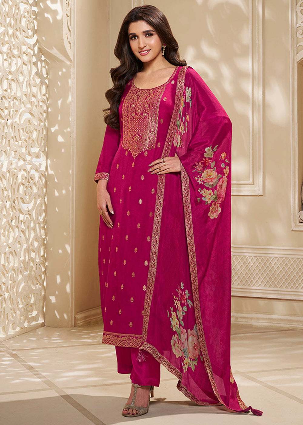 Magenta Purple Dola Silk Suit Featuring Designer Yoke & Embellished with Zardosi Work