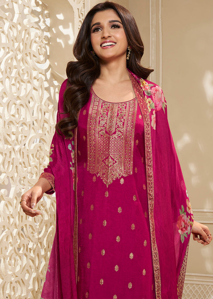 Magenta Purple Dola Silk Suit Featuring Designer Yoke & Embellished with Zardosi Work