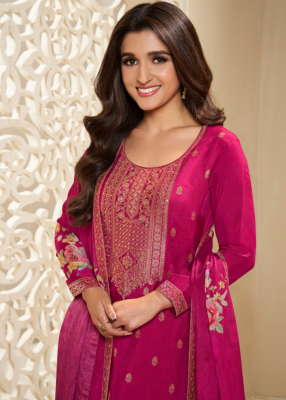 Magenta Purple Dola Silk Suit Featuring Designer Yoke & Embellished with Zardosi Work