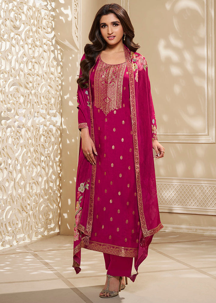 Magenta Purple Dola Silk Suit Featuring Designer Yoke & Embellished with Zardosi Work