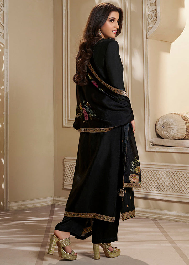 Charcoal Black Dola Silk Suit Featuring Designer Yoke & Embellished with Zardosi work