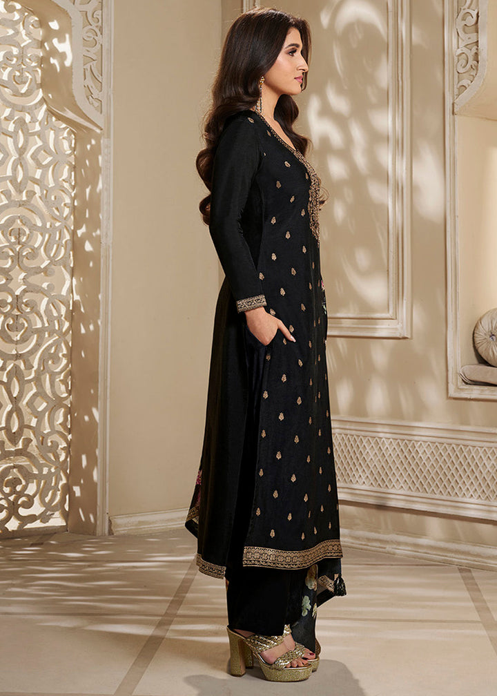 Charcoal Black Dola Silk Suit Featuring Designer Yoke & Embellished with Zardosi work